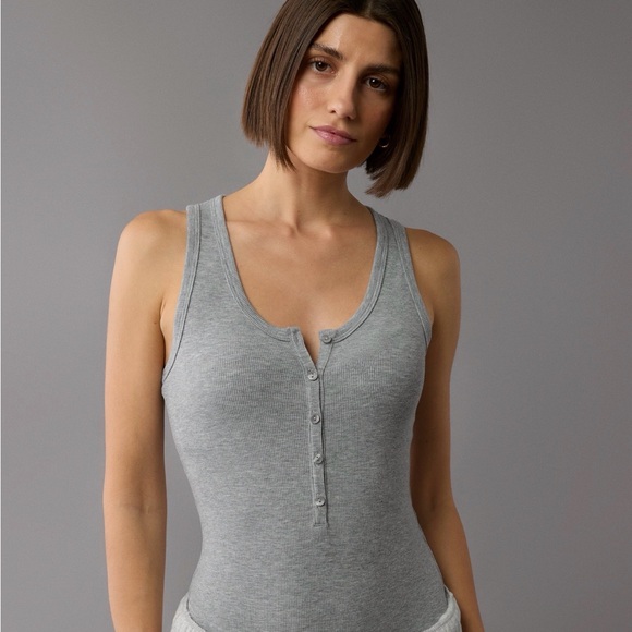 American Eagle Outfitters Tops - American Eagle Gray Sleeveless Ribbed Henley Bodysuit